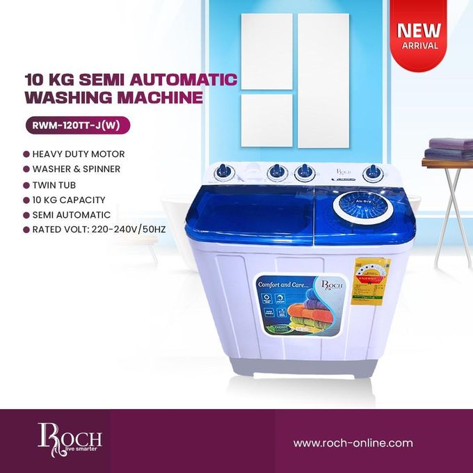 Roch 10Kg Twin Tub Semi Automatic Washing Machine - RWM-120TT - J(W)-White/Blue