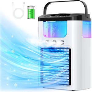 4 in 1 Portable Air Cooler, Humidifier, Fan, Night Light 3 Speeds 600ML Water Tank 7 Colors LED Light Desktop Cooling Fan